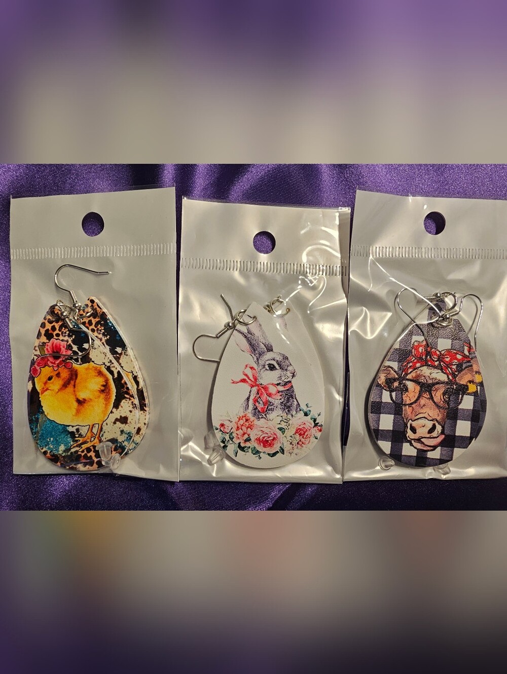 Farm Animal Faux Leather Earrings Bundle Bunny Chick Cow Western Cute